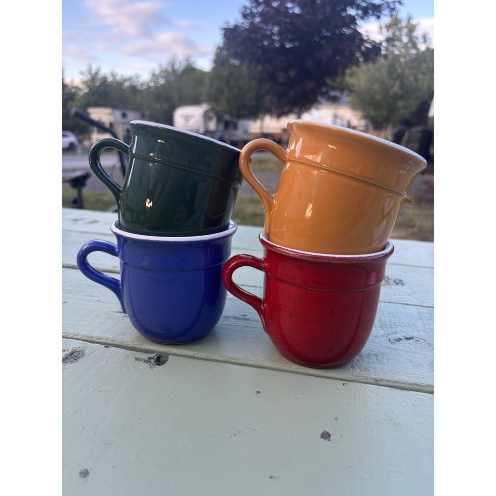 Emile Henry France 8712 Set 4 Mugs Red Blue Green Yellow Pottery